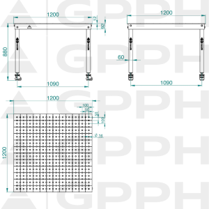 Rysunek techniczny Stół BASIC 1200x1200 mm fi16 50x50 koła