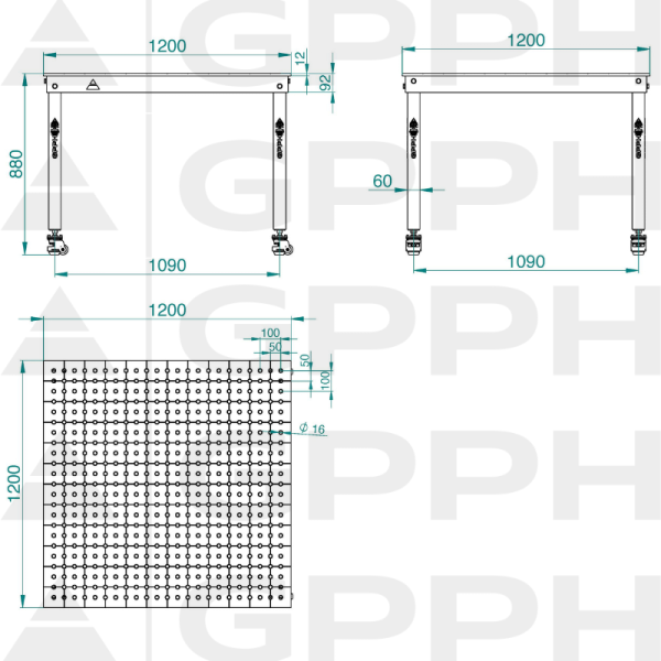 Rysunek techniczny Stół BASIC 1200x1200 mm fi16 50x50 koła