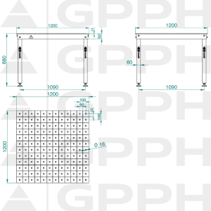 Rysunek techniczny Stół BASIC 1200x1200 mm fi16 100x100 stopy