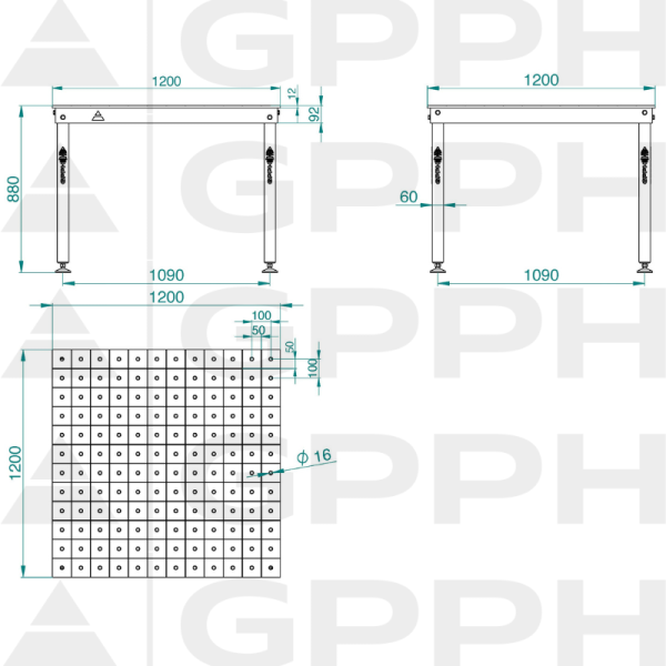 Rysunek techniczny Stół BASIC 1200x1200 mm fi16 100x100 stopy