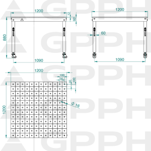 Rysunek techniczny Stół BASIC 1200x1200 mm fi16 100x100 koła