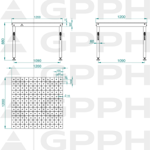 Rysunek techniczny Stół BASIC 1200x1200 mm fi16 diagonalna stopy