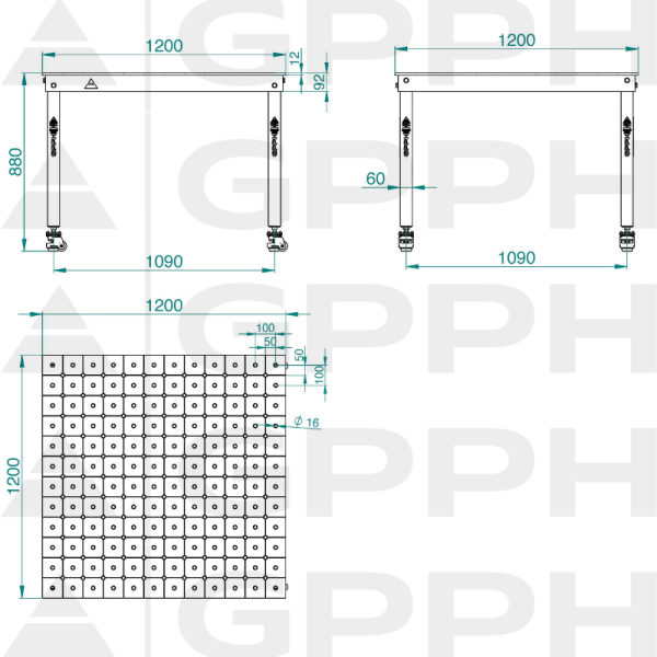 Rysunek techniczny Stół BASIC 1200x1200 mm fi16 diagonalna koła