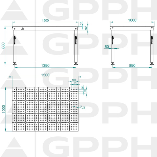 Rysunek techniczny Stół BASIC 1500x1000 mm fi16 50x50 stopy