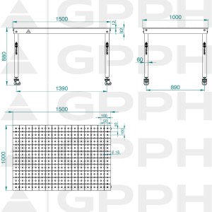 Rysunek techniczny Stół BASIC 1500x1000 mm fi16 50x50 koła