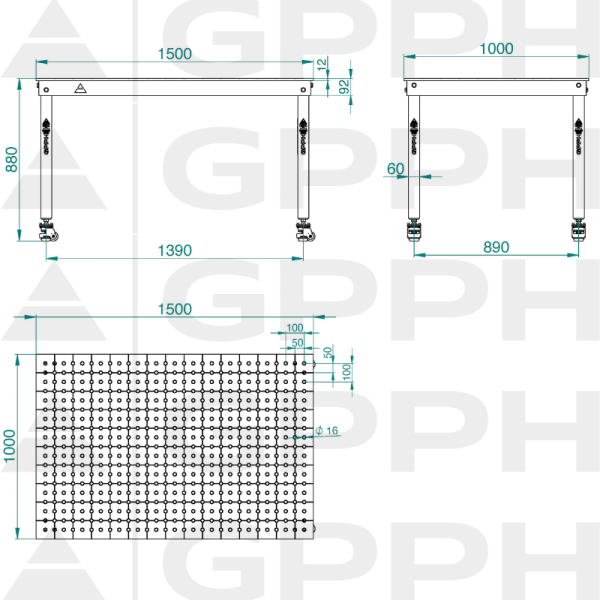 Rysunek techniczny Stół BASIC 1500x1000 mm fi16 50x50 koła