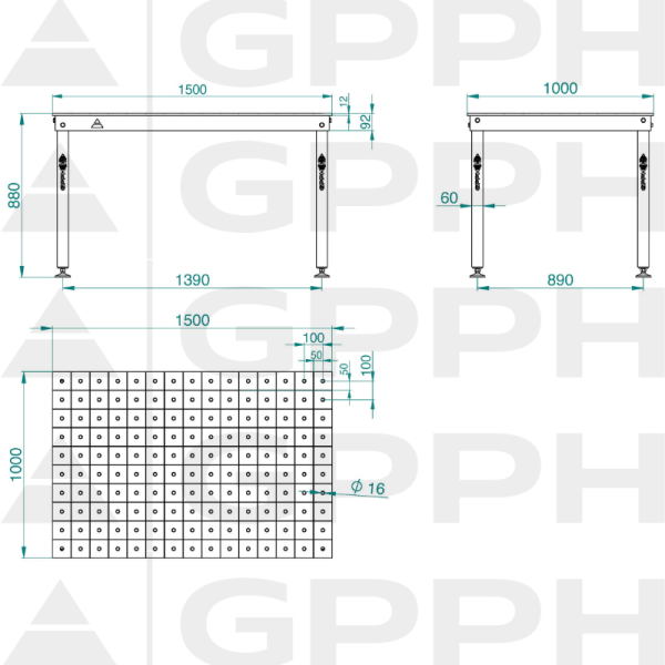 Rysunek techniczny Stół BASIC 1500x1000 mm fi16 100x100 stopy