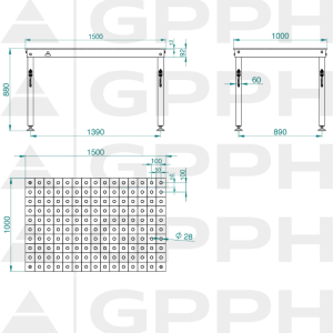 Rysunek techniczny Stół BASIC 1500x1000 mm fi28 100x100 stopy