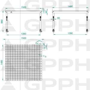 Rysunek techniczny Stół BASIC 1500x1480 mm fi16 50x50 koła