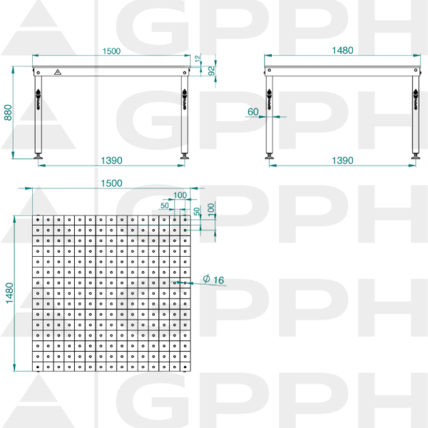 Rysunek techniczny Stół BASIC 1500x1480 mm fi16 100x100 stopy