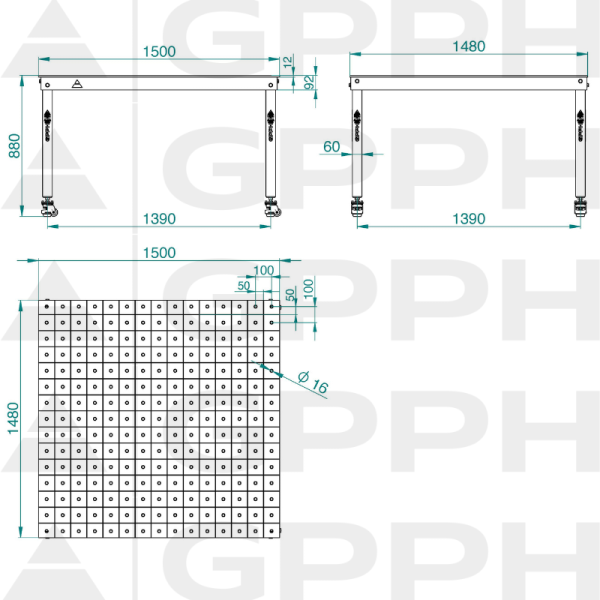 Rysunek techniczny Stół BASIC 1500x1480 mm fi16 100x100 koła