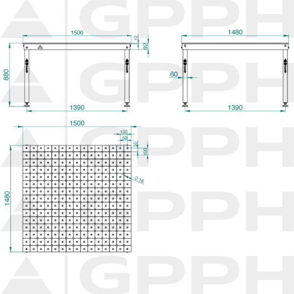 Rysunek techniczny Stół BASIC 1500x1480 mm fi16 diagonalna stopy