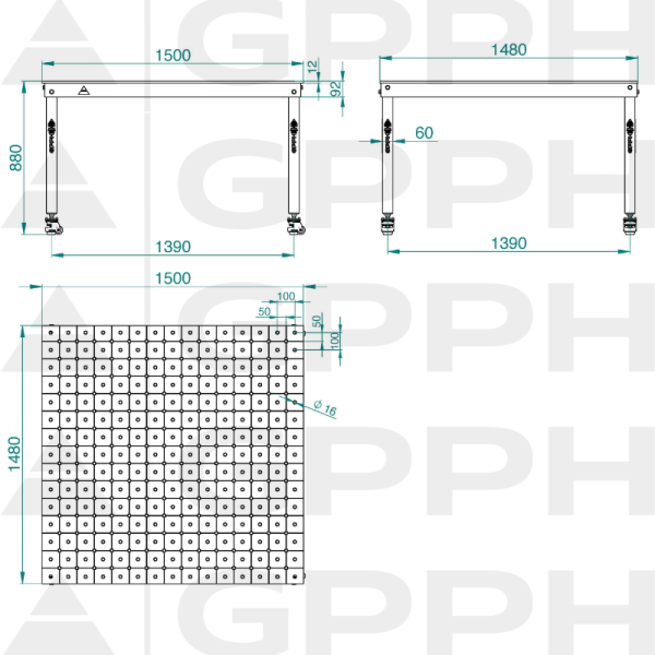 Rysunek techniczny Stół BASIC 1500x1480 mm fi16 diagonalna koła