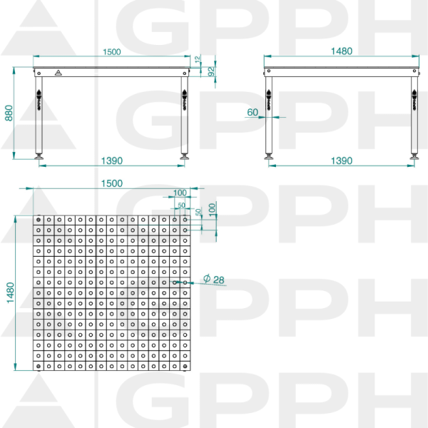 Rysunek techniczny Stół BASIC 1500x1480 mm fi28 100x100 stopy