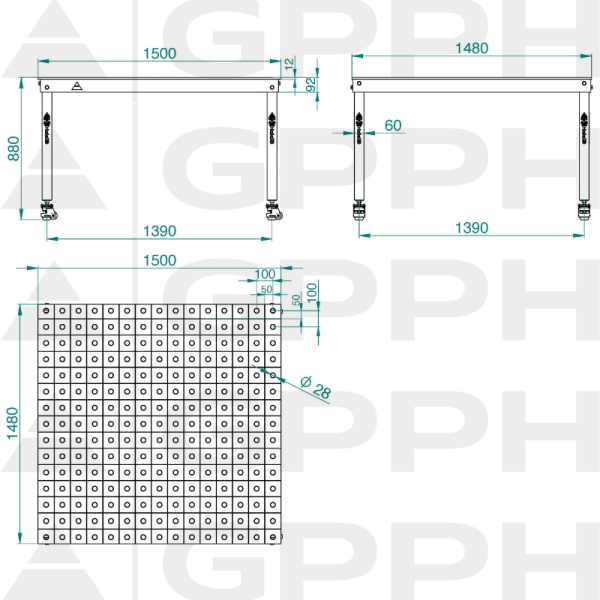 Rysunek techniczny Stół BASIC 1500x1480 mm fi28 100x100 koła
