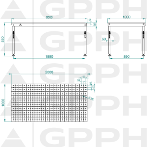 Rysunek techniczny Stół BASIC 2000x1000 mm fi16 50x50 stopy