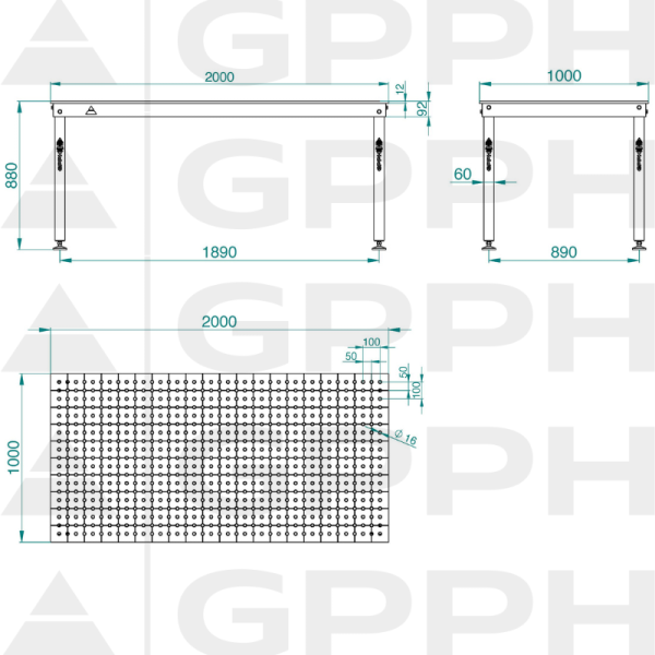 Rysunek techniczny Stół BASIC 2000x1000 mm fi16 50x50 stopy