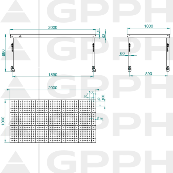 Rysunek techniczny Stół BASIC 2000x1000 mm fi16 50x50 koła