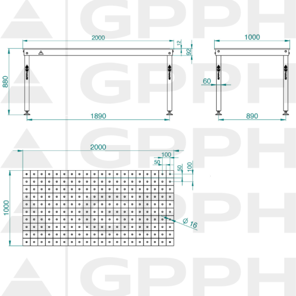 Rysunek techniczny Stół BASIC 2000x1000 mm fi16 100x100 stopy