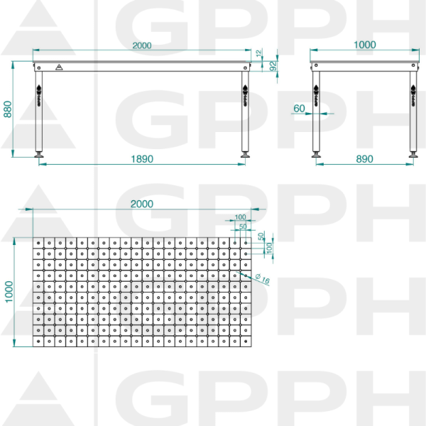 Rysunek techniczny Stół BASIC 2000x1000 mm fi16 diagonalna stopy