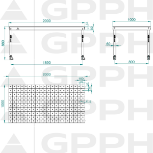Rysunek techniczny Stół BASIC 2000x1000 mm fi16 diagonalna koła
