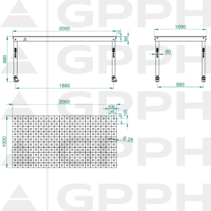 Rysunek techniczny Stół BASIC 2000x1000 mm fi28 100x100 koła
