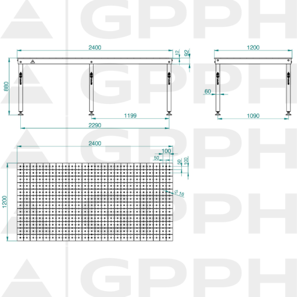 Rysunek techniczny Stół BASIC 2400x1200 mm fi16 50x50 stopy