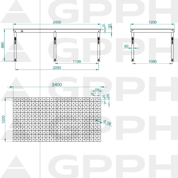 Rysunek techniczny Stół BASIC 2400x1200 mm fi16 100x100 stopy