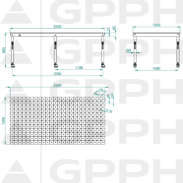 Rysunek techniczny Stół BASIC 2400x1200 mm fi16 diagonalna koła