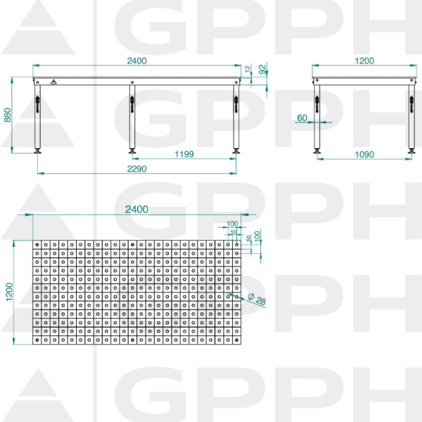 Rysunek techniczny Stół BASIC 2400x1200 mm fi28 100x100 stopy
