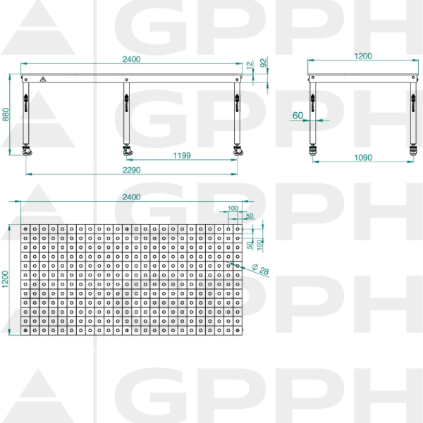 Rysunek techniczny Stół BASIC 2400x1200 mm fi28 100x100 koła