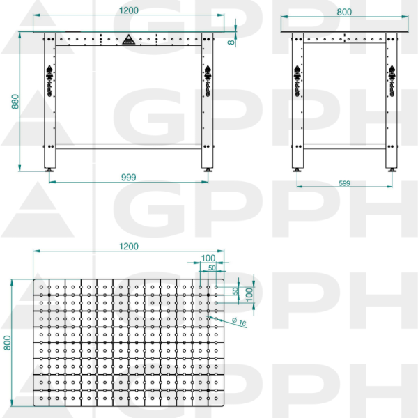 Rysunek techniczny Stół DIY 1200x800 mm fi16 50x50 stopy