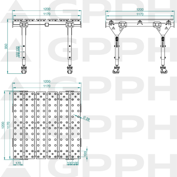 Rysunek techniczny Stół MWT POJEDYNCZY 1200x1200 mm fi28 100x100