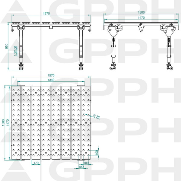 Rysunek techniczny Stół MWT POJEDYNCZY 1600x1500 mm fi28 100x100