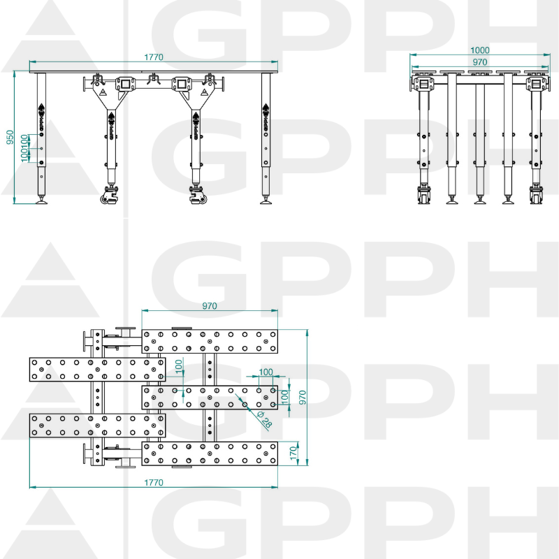 Rysunek techniczny Stół MWT POJEDYNCZY ROZKŁADANY 1770x1000 mm fi28 100x100
