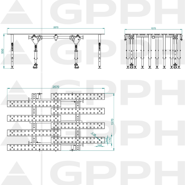 Technical drawing MWT SINGLE EXTENDABLE TABLE 2630x1600 mm fi28 100x100