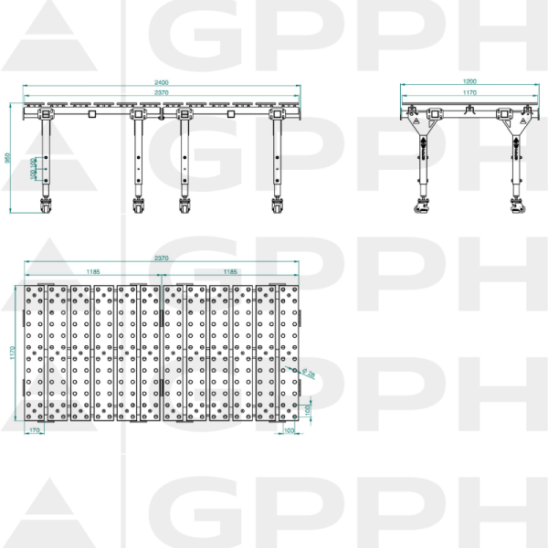 Technical drawing  MWT DOUBLE TABLE 2400x1200 mm fi28 100x100