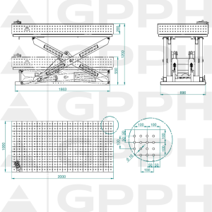 Technical drawing XWT ECO table 2000x1000 mm fi16 50x50
