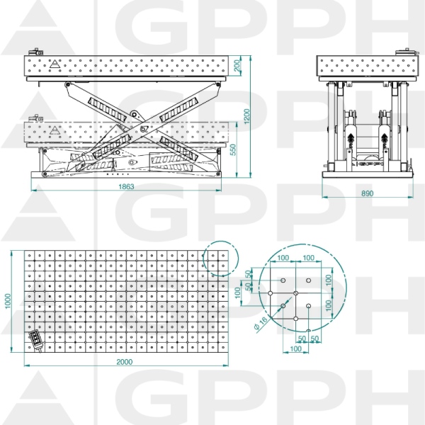 Technical drawing XWT ECO table 2000x1000 mm fi16 diagonal
