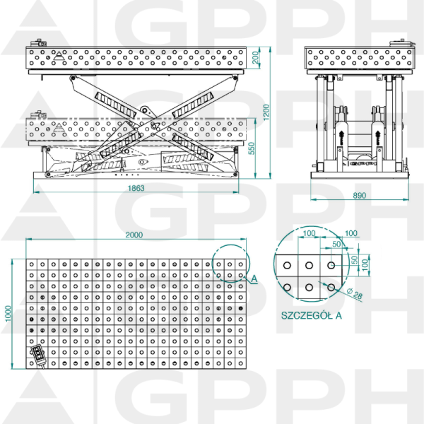 Rysunek techniczny Stół XWT PLUS 2000x1000 mm fi28 100x100