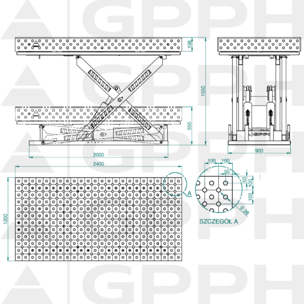 Rysunek techniczny Stół XWT PLUS 2400x1200 mm fi28 diagonalna