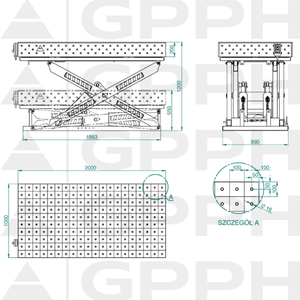 Rysunek techniczny Stół XWT PRO 2000x1000 mm fi16 100x100