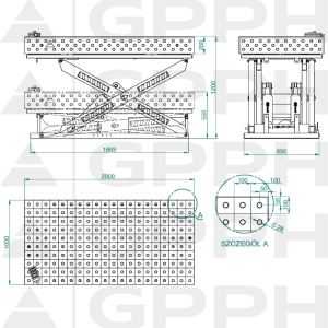 Rysunek techniczny Stół XWT PRO 2000x1000 mm fi28 100x100