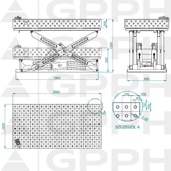 Rysunek techniczny Stół XWT PRO 2000x1000 mm fi28 100x100