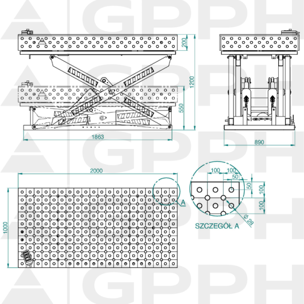 Rysunek techniczny Stół XWT PRO 2000x1000 mm fi28 diagonalna