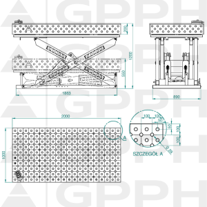 Rysunek techniczny Stół XWT PRO 2000x1000 mm fi28 diagonalna