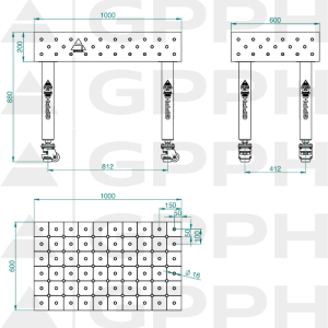Welding table PRO Size - 1000x600mm, Grid - DIAGONAL, System - Φ16, Legs - On wheels - technical drawing