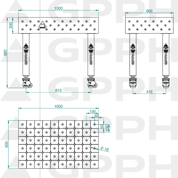 Welding table PRO Size - 1000x600mm, Grid - DIAGONAL, System - Φ16, Legs - On wheels - technical drawing