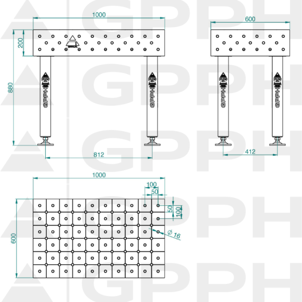 Welding table PRO Size - 1000x600mm, Grid - DIAGONAL, System - Φ16, Legs - On feet - technical drawing